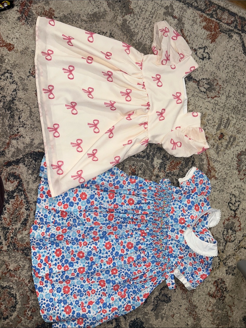 Girls Pink Bow Print Short-Sleeve Dress bundle with Blue and Red Smocked Dress